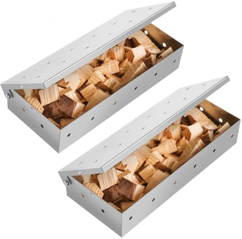 Ziopetru Räucherbox aus Edelstahl, zur Verwendung mit Holzspänen, um Gas- oder Holzkohlegrills rauchigen Grillgeschmack zu verleihen, 2 Stück