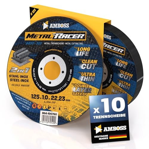 10x Metall-Trennscheibe Ø 125 x 1 x 22.23mm - Die Metalltrennscheibe Metal Racer by AMBOSS WERKZEUGE ist geeignet für Stahl & Edelstahl, Stahl/Inox Trennscheibe 125 passend für Winkelschleifer