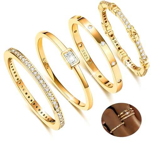 KENIY 4 Stück Gold Ringe Frauen Stapelringe mit Zirkonia 14 Karat Vergoldete Ringe Set Ring Gold Damen Fingerring Daumenringe Verlobungsring Schmuck