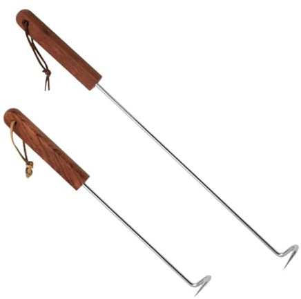 OFFSCH Lot De 2 Crochets à Viande en Acier Inoxydable Manche en Bois pour Barbecue Et Camping, Grosse Et Petite Taille, Robustes Et Légers, Faciles à Nettoyer