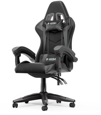 bigzzia Chaise Bureau Chaise Gaming Ergonomique en PU Cuir, Hauteur Réglable, avec Coussin Lombaire et Appui-Tête, Fauteuil Gamer Confortable pour Adultes, Filles et Garçons (Noir Mat)