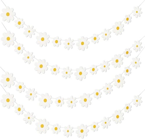 THETAG 4 Stück Weiße Gänseblümchen Banner, Blumen Deko Geburtstag Banner 3 Größen von Blumen Sommerparty Frühling Blume Papier Girlande für Raumdekoration Fotografie Geburtstagsparty Zubehör