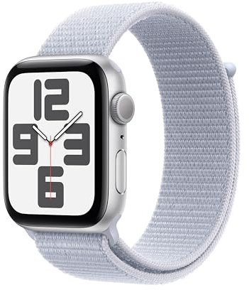 Apple Watch SE (2ᵉ génération) 44 mm GPS Montre connectée avec Boîtier en Aluminium Argent et Boucle Sport nuée Bleue. Suivi activité et Sommeil, détection Accidents, Neutre en Carbone