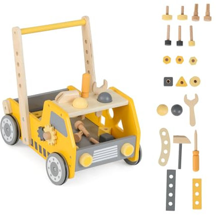 DREAMADE 2 in 1 Lauflernwagen aus Holz, mini-Werkzeugbank mit Rädern, Lauflernhilfe für Mädchen und Jungen, Montessori-Lernspielzeug (Modell 2-Gelb)