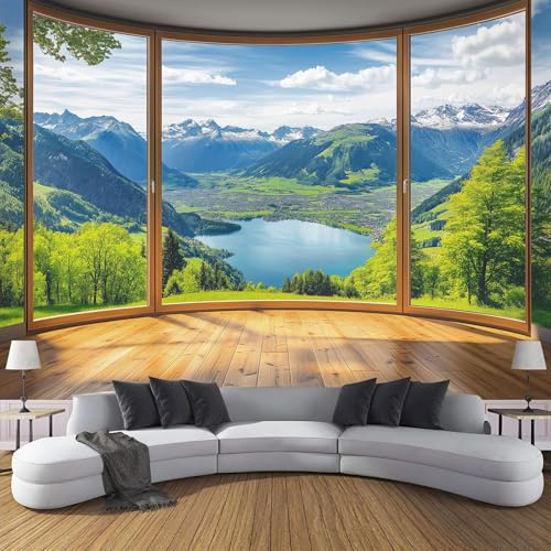 Fototapete Wasserfall 250X175Cm (B×H), Berge See- Design Tapete Fototapeten Seidenstoff Tapeten Tapete Wandtapete, Moderne Wand Schlafzimmer Küche Wohnzimmer Fensterblick