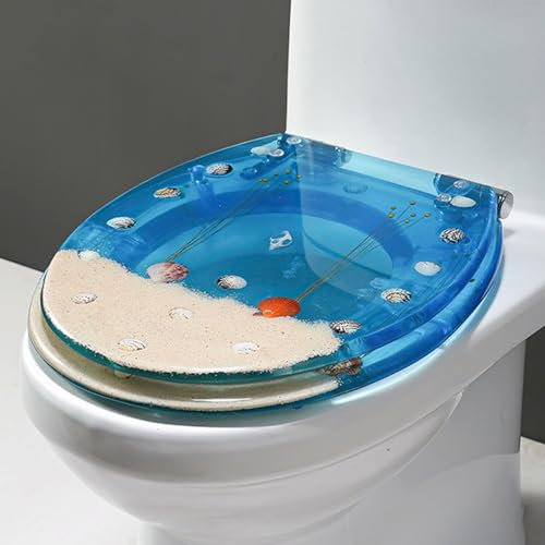 XCHSXYL Siège de Toilette en résine Transparente avec charnières réglables en Acier Inoxydable, sièges de Toilette à Fermeture Douce de la série 3D Ocean avec Coquillages et Gravier véritables, couv