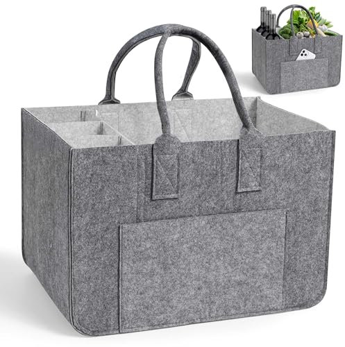 Haiane Filztaschen Shopper aus 4mm Filz – Tragekorb mit Griffen – Filztasche mit Fächern für Strand, Auto, Picknick, Robuster Tragekorb als Einkaufswagentasche, Mutti Korb (Grau & Hellgrau)
