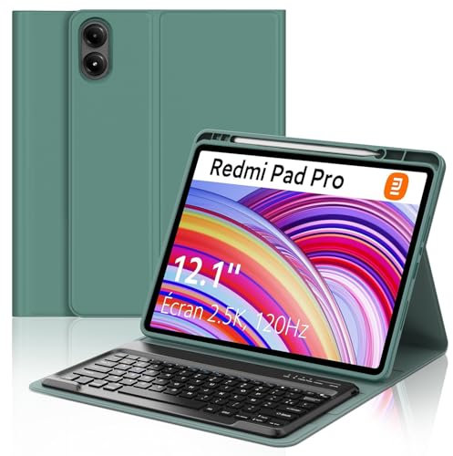 SENGBIRCH Coque Clavier pour Redmi Pad Pro 12.1 2024 - AZERTY Français Clavier Détachable sans Fil Bluetooth, Étui avec Fente pour Stylo pour Xiaomi Redmi Pad Pro 12.1, Vert foncé