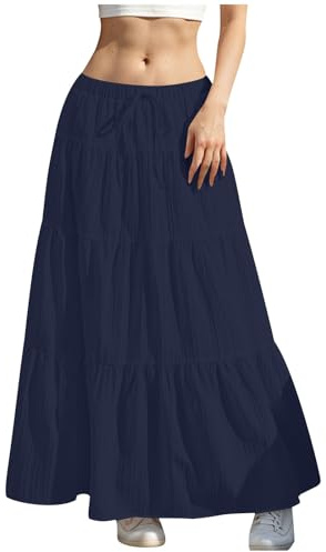 KUIH Long Skirts for Women Elastic High Waist Maxi Skirts Plain Loose Casual A Line Skirt Ladies Tiered Flowy Summer Skirt with Drawsting S-XXL