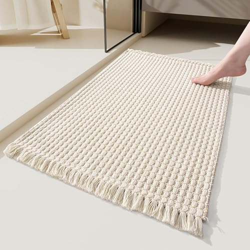 Yokqexz Gewebte Badematte Mit Fransen – Super Saugfähiger Badezimmer-Bodenteppich Mit Rutschfester Gummirückseite for Dusche, Badewanne, Küche, Tür(Beige,40x60cm)
