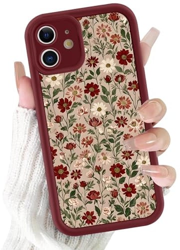 Xylota Handyhülle für iPhone 12 6,1 Hülle, Aesthetic Blumen Bunt Muster Mädchen Frauen Case, Weich Silikon Dünn TPU Bumper Stoßfeste Kratzfest Schutzhülle Cover für iPhone 12, Rot