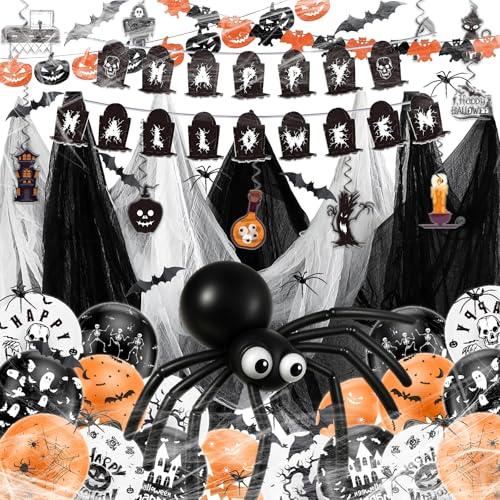 Halloween Deko Set -Gruseliges Halloween Luftballons Party Dekor Set mit Riesen-Spinnennetzen & 12 Zoll Latexballons, Kürbis Folienballon, Fledermaus Perfekt für Unheimliche Deko Innen & Außen
