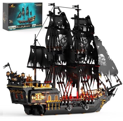 JMBricklayer Piratenschiff Bauspielzeug mit Lichtern, Großes Pearl Piratenschiff Modellboot Klemmbausteine 40002, Aufregende Seeschlachten und Fluch des Untodes, Erwachsene Jungen Mädchen(1713 PCS)