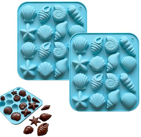 Moldes de silicona para fondant marinos 2 unidades con formas de conchas, caracolas y estrellas, azul, 17.5x15.5 cm para chocolate, repostería y manualidades