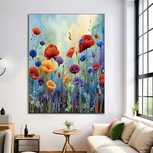Moderne Bilder Wohnzimmer Poster 70x100cm Hochformat, Aquarell Wiese Wildblumen Himmelblau Leinwand Bilder Deko, Wandbilder für Wohnzimmer Schlafzimmer Ohne Rahmen