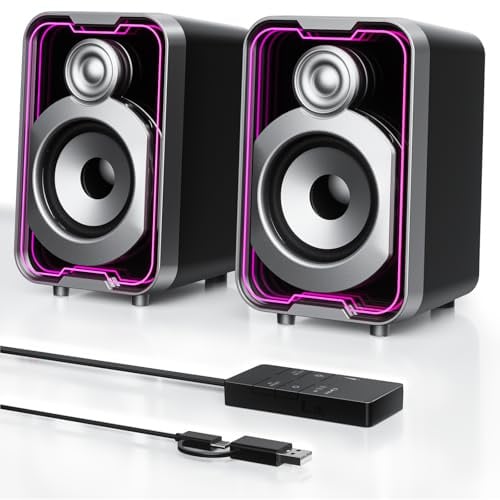 SOULION C40 Enceintes PC pour Gamer, Haut Parleur Bluetooth USB C | pour Écran, Ordinateur Bureau, Portable, Entrée USB C, Stéréo 2.0, éclairage LED Coloré, 1 Paire