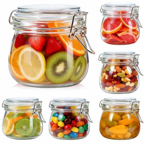SKOCHE 17oz Glass Jars with Airtight Lids 6 Pack, Air Tight Glass Storage Jar, Leakproof 17 oz Jars with Seal Wire Clips for Pickling, Kitchen, Canning Jam, Food Storage, Preserving Nuts and Snacks