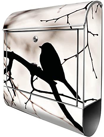 banjado® Design Briefkasten mit Früher Vogel 38,5x46,5x13cm & 2 Schlüssel - Briefkasten Stahl Silber mit Zeitungsfach pulverbeschichtet - Postkasten A4 Einwurf inkl. Montagematerial