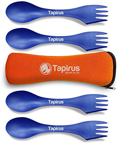 Tapirus Juego de 4 tenedores azules para llevar, duraderos y sin BPA, cuchara, tenedor y cuchillo, kit de desorden para camping, caza y actividades al aire libre, viene en una funda de transporte