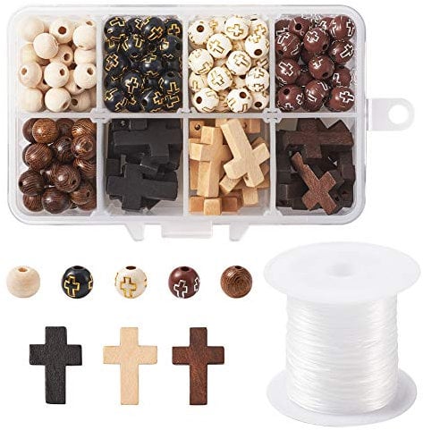 KISSITTY Rosenkranzherstellungs-Set, Kreuz-Rosenkranz-Perlen, 8 mm, runde Holzperlen, Acryl-Kreuz-Abstandshalter, mit 1 Rolle elastischem Kristalldraht für DIY-Schmuckherstellung, ca. 211 Stück/Box