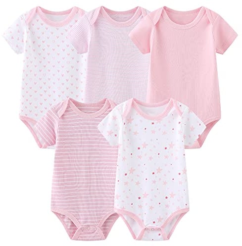 Chamie Baby Bodys Kurzarm Bekleidungsset für Neugeborene Jungen und Mädchen Baumwolle Rose 6-9 Monate 5er Pack