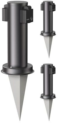 ledscom.de 3X Garten-Steckdosen-Säule PORU mit Erdspieß für außen, 2-Fach, Edelstahl, schwarz, rund, 27cm