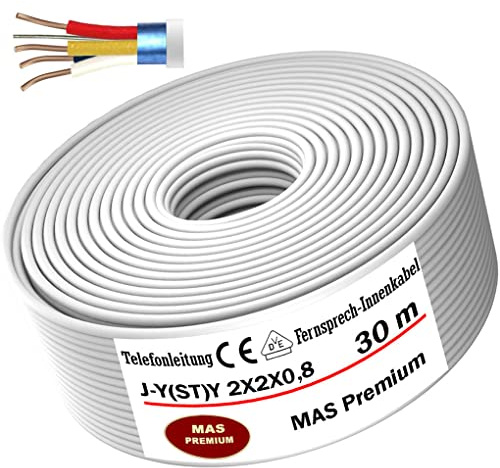 MAS Premium Câble de Télécommunication J-Y(ST) Y 2 x 2 x 0,8 - 5 à 250 m - Câble de Sonnette (30 m)