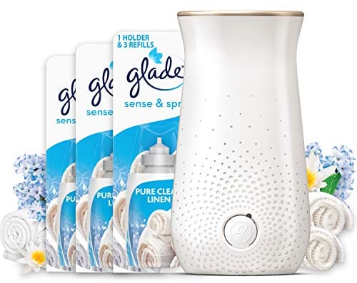 Glade Sense & Spray Air Freshener Holder and Refills, Motion Activated Automatic Room Spray and Odour Eliminator for Home, Clean Linen, 1 Holder and 3 Refills (3 x 18ml)