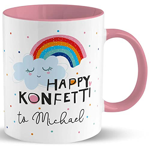 Tasse Motiv »Happy Konfetti to …!« mit Wunschnamen, personalisiert (rosa)