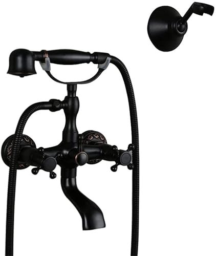 YRUIIA Badewannenarmaturen Bad Duschset Retro Schwarz Armatur Badewannen Duschsysteme Duscharmatur Wasserhahn Geschnitzte Kreuzgriff Badewanne Wasserhahn Wannenarmatur mit Badarmatur