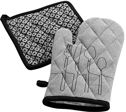 Douceur d'Intérieur, Gant et Manique (18 x 28 cm/20 x 20 cm) Cuisiline Gris Chine, Coton Recylé Imprimé