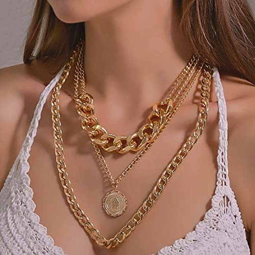 Wendalern Punk kubanische Halskette Geschichtet Coin Choker Halskette Gold Medaillon Anhänger Halskette Mehrschichtige klobige Statement Halskette Kette Schmuck für Frauen Mädchen