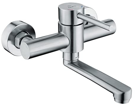 DURO Waschtischarmatur Acero, aus Gebürstetem Edelstahl ohne Stopfen, Wassersparend, Einhebel-Zweiloch-Wandbatterie mit 15 cm Auslauf, Durchflussklasse A, Geräuschklasse II