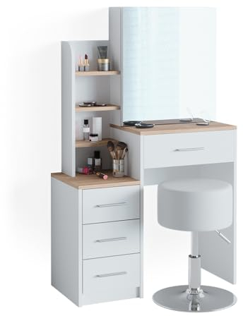 Vicco Schminktisch Conrada, Kosmetiktisch mit Spiegel, Weiß/Sonoma/Sonoma, 80 cm mit Hocker