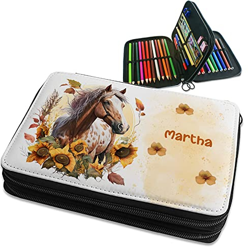 Geschenke364 Federmappe gefüllt mit Name Pferd Design mit Blumen Mäppchen Mädchen (gelb)
