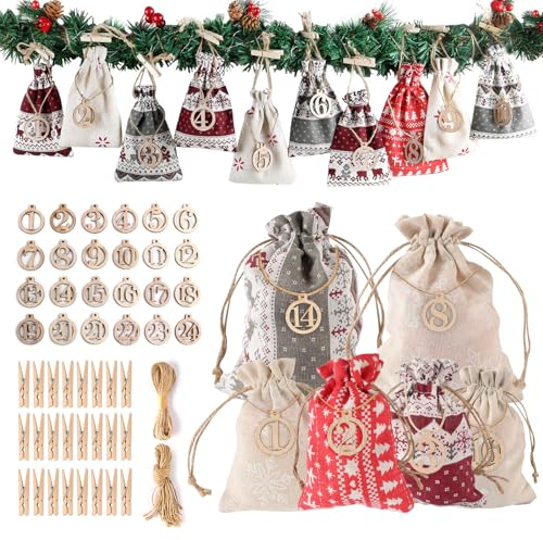 PAYFULLY Adventskalender, 24 Stück Adventskalender zum Selber Befüllen 2022 für Kinder Frauen Männer, Befüllen Stoff Jutesäckchen Adventskalender für DIY Handwerk
