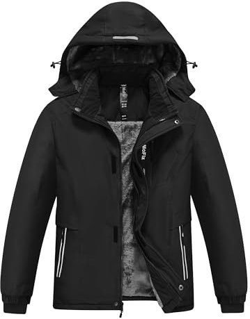 MoFiz Winterjacke Jungen Skijacke Warm Innenfutter Kinder Wasserdichte Winddichte Parka Outdoor Softshelljacken mit Abnehmbare Kapuze Schwarz S (DE128-140)