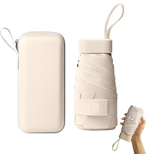 Mini Folding Umbrella with Storage Box - 6 Ribs, Compact, Travel Umbrella - Small, Sycamore Rice Color, UV Protection, Lightweight, Compact for Women & Girls
