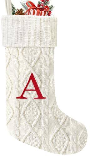 Yoochee 21 Inches Knitted Christmas Stockings with Initials, Large White Custom Monogram Embroidery Christmas Stockings with Letter, Personalized Xmas Decoration for Holiday Family Party-A