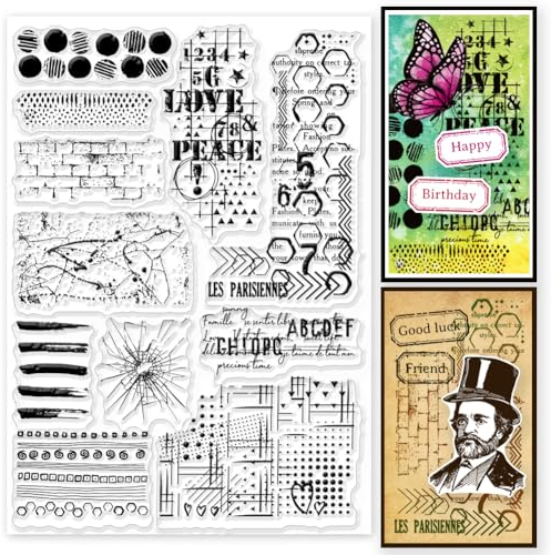 GLOBLELAND Grunge Texturen Hintergrund Transparente Stempel Für Karten Numerische Textlinien Hintergrund Klare Stamps 5.8x8.3 Zoll Silikonstempel Für DIY