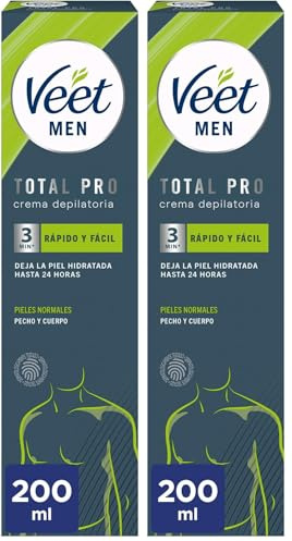 Veet Men Haarentfernungscreme für Oberkörper & Beine - Enthaarungscreme für Männer, Haarentfernung in 3-6 Minuten - 200 ml Tube & Spatel (Packung mit 2)