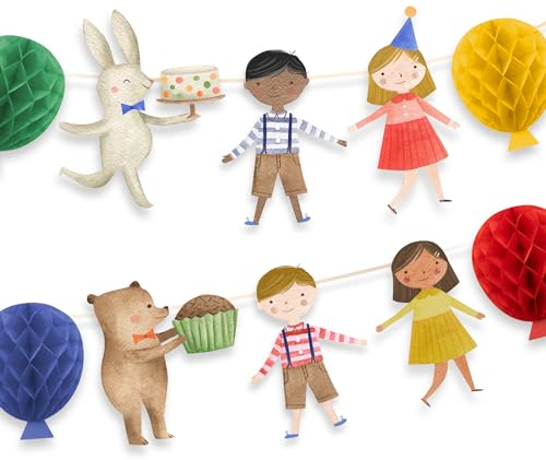 PARTY PARTY Kindergeburtstag Girlande, Waldtier Geburtstag Vintage Stil, Bunte Deko Geburtstag Girlande Kinder, Hase, Bär, Ballon Happy Birthday Girlande, Kleinkind Geburtstag Jungen Mädchen