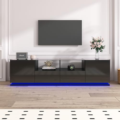 KecDuey TV Schrank 165 x38 x 43cm, TV Lowboard mit Glasböden, Zwei Schubladen und Zwei Türen, Lowboard mit mehrfarbigen LED-Lichteffekten (Schwarz)