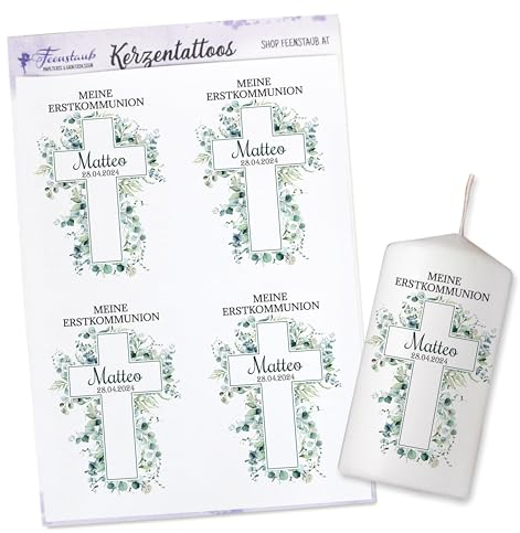 FEENSTAUB Kerzen Tattoos für die Erstkommunion, personalisierte Aufkleber für Kerzen, Kerze Kreuzsymbol, Kerzen Deko Eukalyptus, Kerze für Konfirmation Give-Aways, Tischdeko