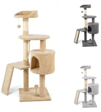 PATAM Árbol Rascador de Sisal Natural con Cama para Gatos y Juegos Incluidos, Base Reforzada, Correa Antideslizante, Fácil Montaje - Altura 113,5 cm Chalet Beige