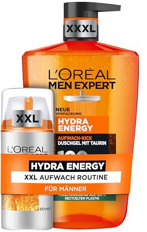 L'Oréal Men Expert Aufwach-Kick Pflegeset für Männer, Mit XXXL Duschgel und XXL Gesichtscreme, Set für Herren mit Taurin und Vitamin C, Hydra Energy, 2-teilig