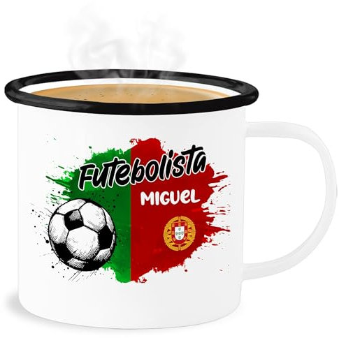 Emaille Becher Blechbecher - 2024 Fussball EM Fanartikel - Personalisierbares Portugal Motiv | Individuelles Portugal Design | Mit eigenem Namen | Portugal - 300 ml - Weiß Schwarz - fußball wm 24