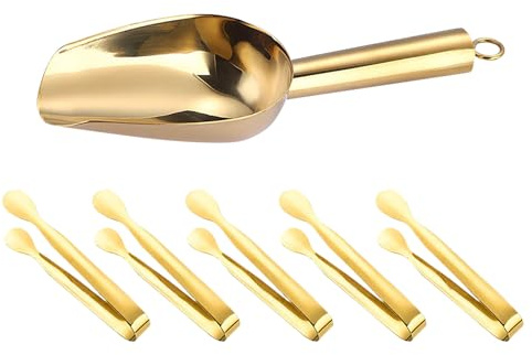 Edelstahl Grillzange Küchenzange Set - 5 Stück Küche Zange mit 1 Food Schaufel - Klein Servierzange Steel Eiszange - Candybar Zangen für Hochzeit Bar Party (Gold)