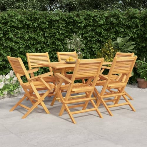 KATERYY 7-TLG. Garten-Essgruppe Massivholz Teak,Rustikale Essgruppe aus massivem Teakholz mit klappbarem Tisch und Stühlen für den Garten