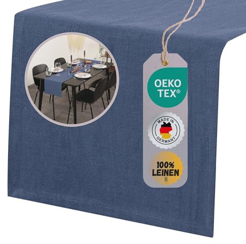 chambry Tischläufer 100% Leinen Stonewashed – Handarbeit Made in Germany – Größe und Farbe wählbar – natürliche und hochwertige Tischdekoration aus Naturmaterial Blau 30cm x 135cm